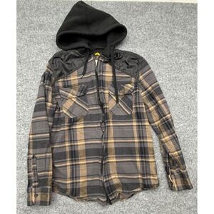 Raw‎ Yarn Industries Mens Plaid Flannel Zip Up Hoodie Jacket Gray Tan Small